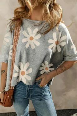 Hot Dear-Lover Daisy Flower Printed Casual T Shirt Gray