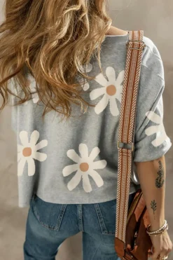 Hot Dear-Lover Daisy Flower Printed Casual T Shirt Gray