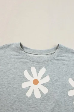 Hot Dear-Lover Daisy Flower Printed Casual T Shirt Gray