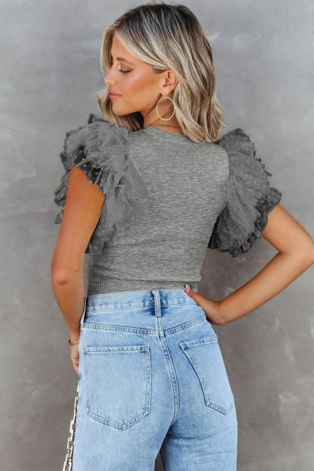 Sale Dear-Lover Dotty Mesh Ruffle Sleeve Ribbed Knit Top Gray