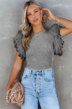 Sale Dear-Lover Dotty Mesh Ruffle Sleeve Ribbed Knit Top Gray