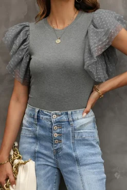 Sale Dear-Lover Dotty Mesh Ruffle Sleeve Ribbed Knit Top Gray
