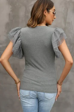 Sale Dear-Lover Dotty Mesh Ruffle Sleeve Ribbed Knit Top Gray