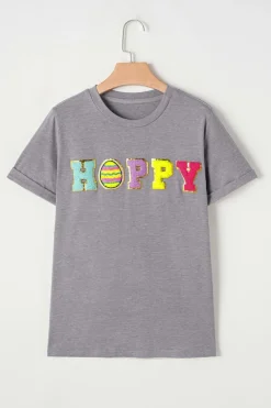Online Dear-Lover Easter Egg HOPPY Chenille Patched Pattern T Shirt Gray
