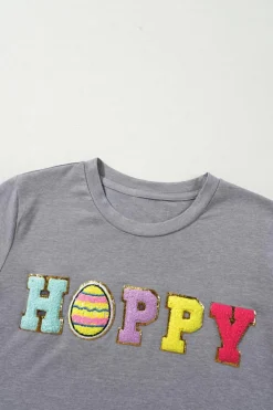 Online Dear-Lover Easter Egg HOPPY Chenille Patched Pattern T Shirt Gray