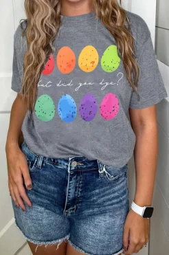 Fashion Dear-Lover Easter Eggs Print Crew Neck T Shirt Gray