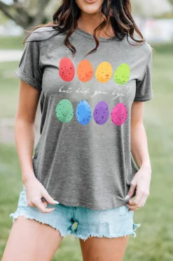Fashion Dear-Lover Easter Eggs Print Crew Neck T Shirt Gray