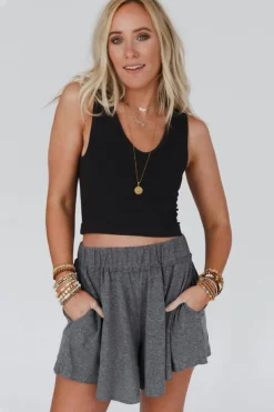 Fashion Dear-Lover Elastic Waist Culotte Shorts Gray