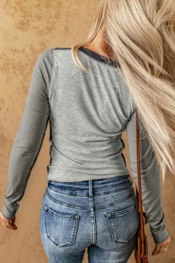 Hot Dear-Lover Expose Seam Color Block Ribbed Knit Top Gray