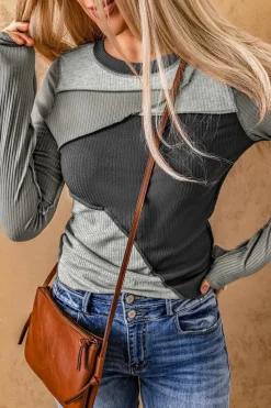 Hot Dear-Lover Expose Seam Color Block Ribbed Knit Top Gray