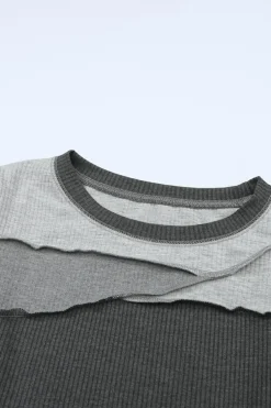 Hot Dear-Lover Expose Seam Color Block Ribbed Knit Top Gray