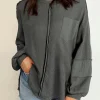 Best Dear-Lover Exposed Seam Patchwork Bubble Sleeve Waffle Knit Top Gray