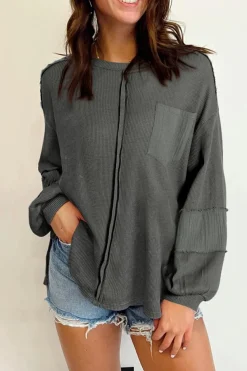 Best Dear-Lover Exposed Seam Patchwork Bubble Sleeve Waffle Knit Top Gray