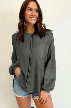 Best Dear-Lover Exposed Seam Patchwork Bubble Sleeve Waffle Knit Top Gray
