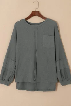 Best Dear-Lover Exposed Seam Patchwork Bubble Sleeve Waffle Knit Top Gray