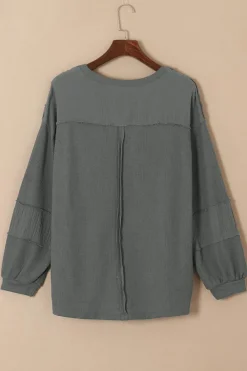 Best Dear-Lover Exposed Seam Patchwork Bubble Sleeve Waffle Knit Top Gray