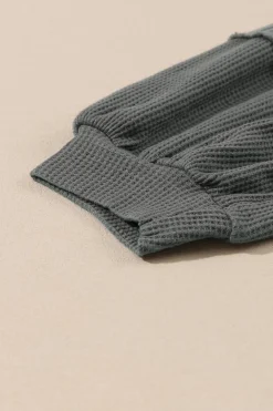 Best Dear-Lover Exposed Seam Patchwork Bubble Sleeve Waffle Knit Top Gray