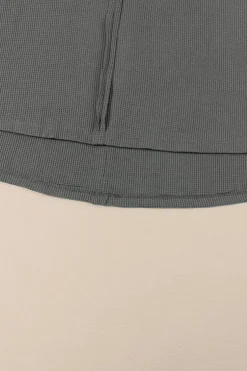 Best Dear-Lover Exposed Seam Patchwork Bubble Sleeve Waffle Knit Top Gray