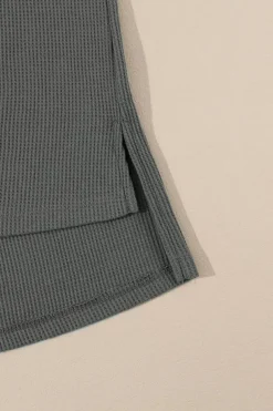 Best Dear-Lover Exposed Seam Patchwork Bubble Sleeve Waffle Knit Top Gray