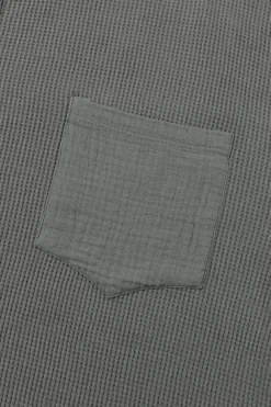 Best Dear-Lover Exposed Seam Patchwork Bubble Sleeve Waffle Knit Top Gray