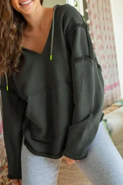 Clearance Dear-Lover Exposed Seam Raw Edge Hoodie with Pockets Gray