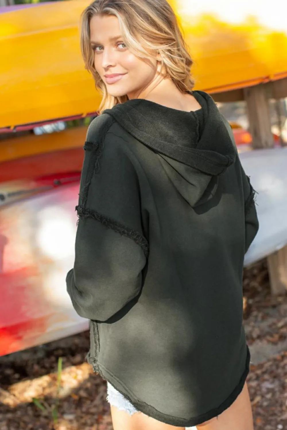 Clearance Dear-Lover Exposed Seam Raw Edge Hoodie with Pockets Gray