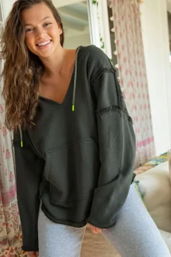 Clearance Dear-Lover Exposed Seam Raw Edge Hoodie with Pockets Gray