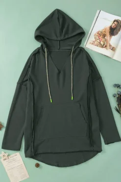 Clearance Dear-Lover Exposed Seam Raw Edge Hoodie with Pockets Gray