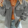 Fashion Dear-Lover Flap Pocket Drawstring Hood Zip Up Jacket Gray