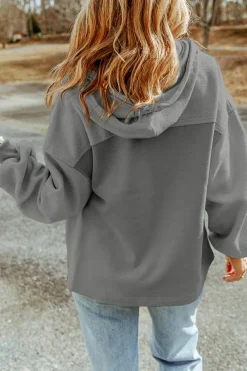 Fashion Dear-Lover Flap Pocket Drawstring Hood Zip Up Jacket Gray