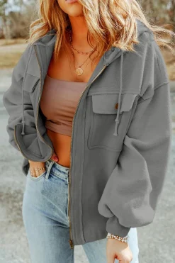 Fashion Dear-Lover Flap Pocket Drawstring Hood Zip Up Jacket Gray