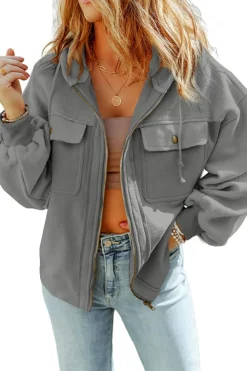 Fashion Dear-Lover Flap Pocket Drawstring Hood Zip Up Jacket Gray