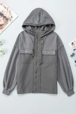 Fashion Dear-Lover Flap Pocket Drawstring Hood Zip Up Jacket Gray