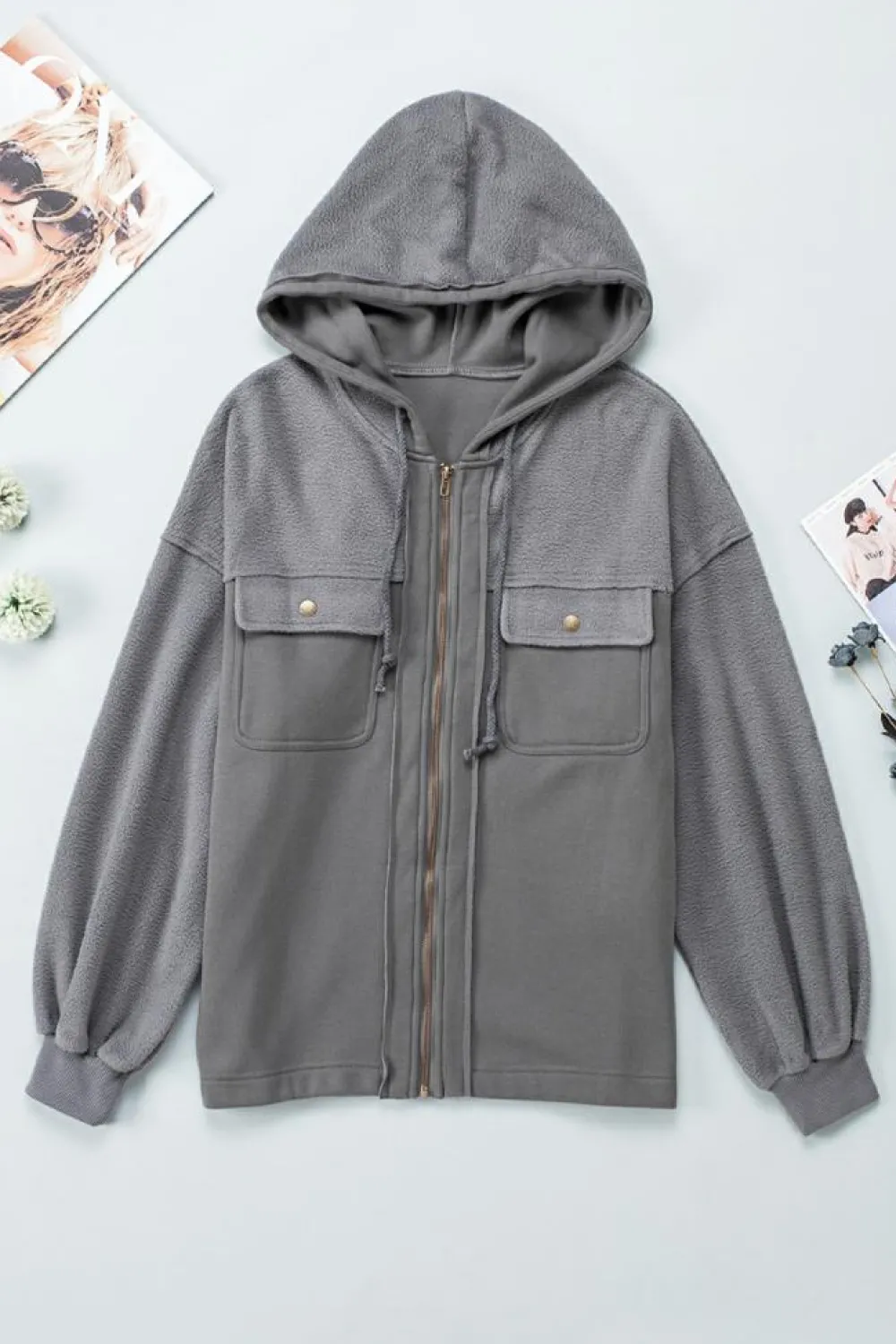 Fashion Dear-Lover Flap Pocket Drawstring Hood Zip Up Jacket Gray