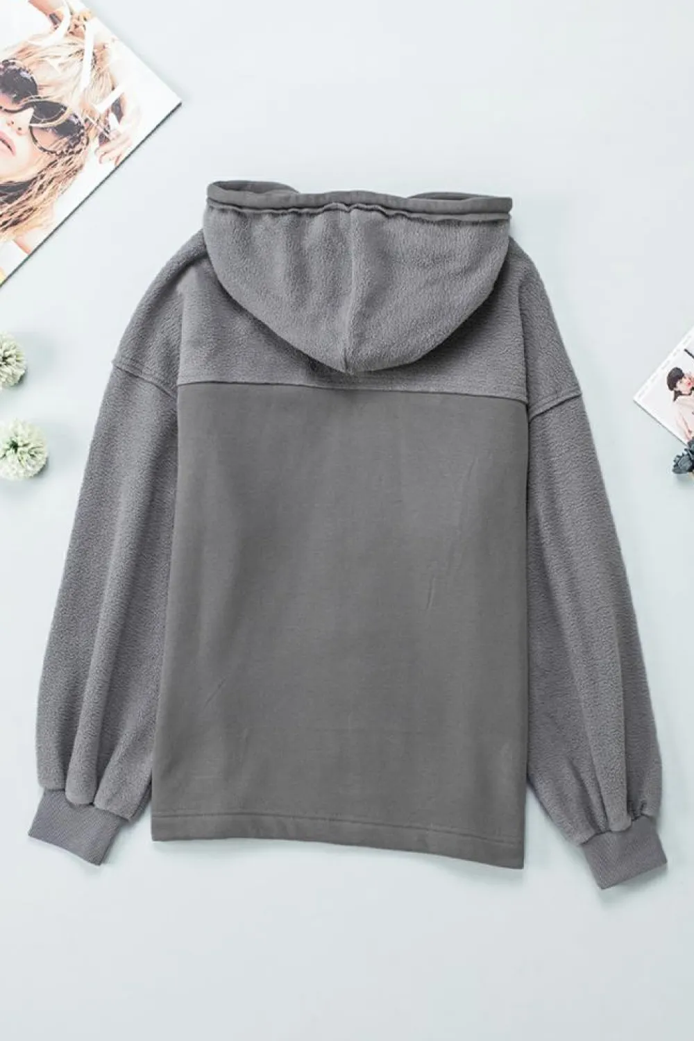 Fashion Dear-Lover Flap Pocket Drawstring Hood Zip Up Jacket Gray
