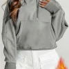 Clearance Dear-Lover Fleece Lined Zip Up Stand Collar Thumbhole Sleeve Sweatshirt Gray