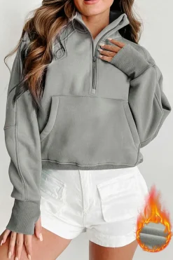 Clearance Dear-Lover Fleece Lined Zip Up Stand Collar Thumbhole Sleeve Sweatshirt Gray
