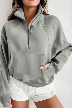 Clearance Dear-Lover Fleece Lined Zip Up Stand Collar Thumbhole Sleeve Sweatshirt Gray