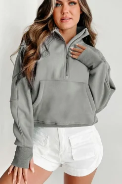 Clearance Dear-Lover Fleece Lined Zip Up Stand Collar Thumbhole Sleeve Sweatshirt Gray