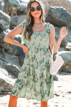 Best Dear-Lover Floral Knotted Strap Smocked Tiered Ruffle Mini Dress Gray