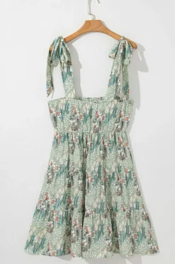 Best Dear-Lover Floral Knotted Strap Smocked Tiered Ruffle Mini Dress Gray