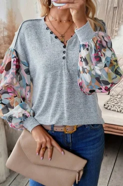 Hot Dear-Lover Floral Lantern Sleeve Patchwork Buttoned V Neck Top Gray