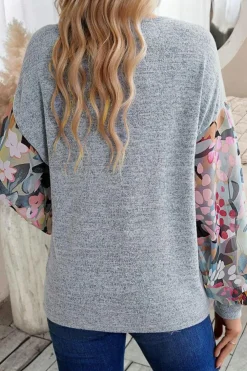 Hot Dear-Lover Floral Lantern Sleeve Patchwork Buttoned V Neck Top Gray