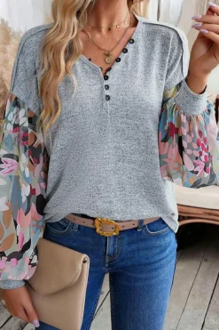 Hot Dear-Lover Floral Lantern Sleeve Patchwork Buttoned V Neck Top Gray