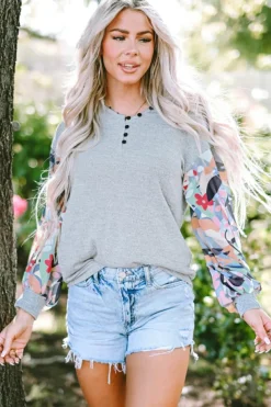 Hot Dear-Lover Floral Lantern Sleeve Patchwork Buttoned V Neck Top Gray