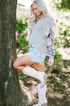 Hot Dear-Lover Floral Lantern Sleeve Patchwork Buttoned V Neck Top Gray