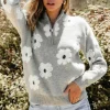 Best Dear-Lover Floral Pattern Half Zip Drop Shoulder Sweater Gray