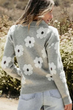 Best Dear-Lover Floral Pattern Half Zip Drop Shoulder Sweater Gray