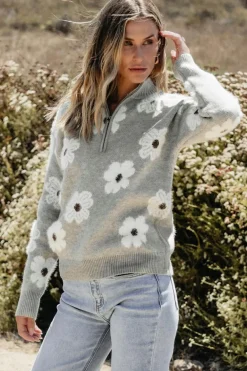 Best Dear-Lover Floral Pattern Half Zip Drop Shoulder Sweater Gray