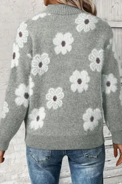 Best Dear-Lover Floral Pattern Half Zip Drop Shoulder Sweater Gray